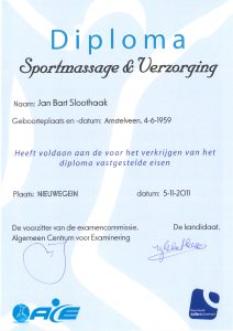 Sportmassage diploma Jan Bart
